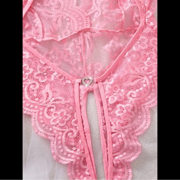 Light Pink & Floral Lace, Crotchless, Lingerie Bodysuit - Picture 9 of 10
